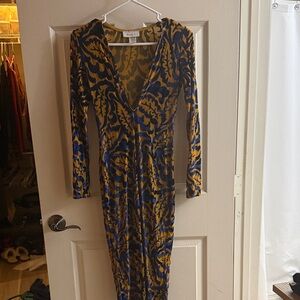 Blue and Mustard Long Sleeve Wrap Dress